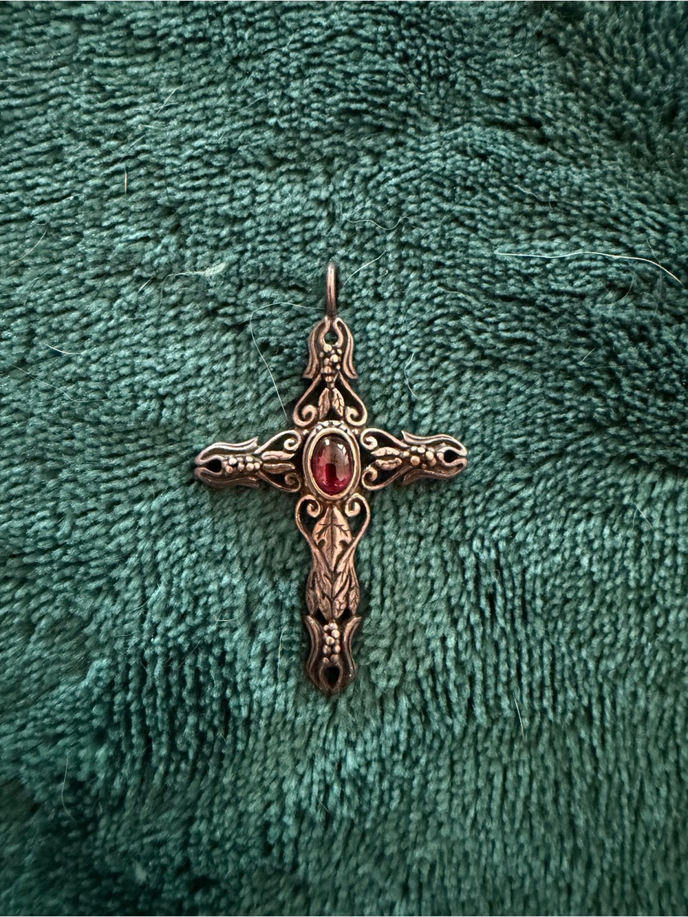 Ornate Cross Pendant Necklace with Red Gemstone